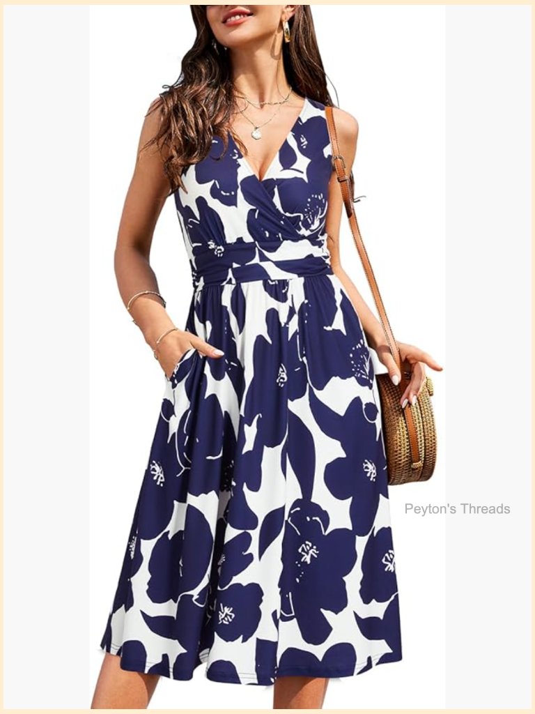 Sleeveless V-Neck Floral Midi Dress With Pockets